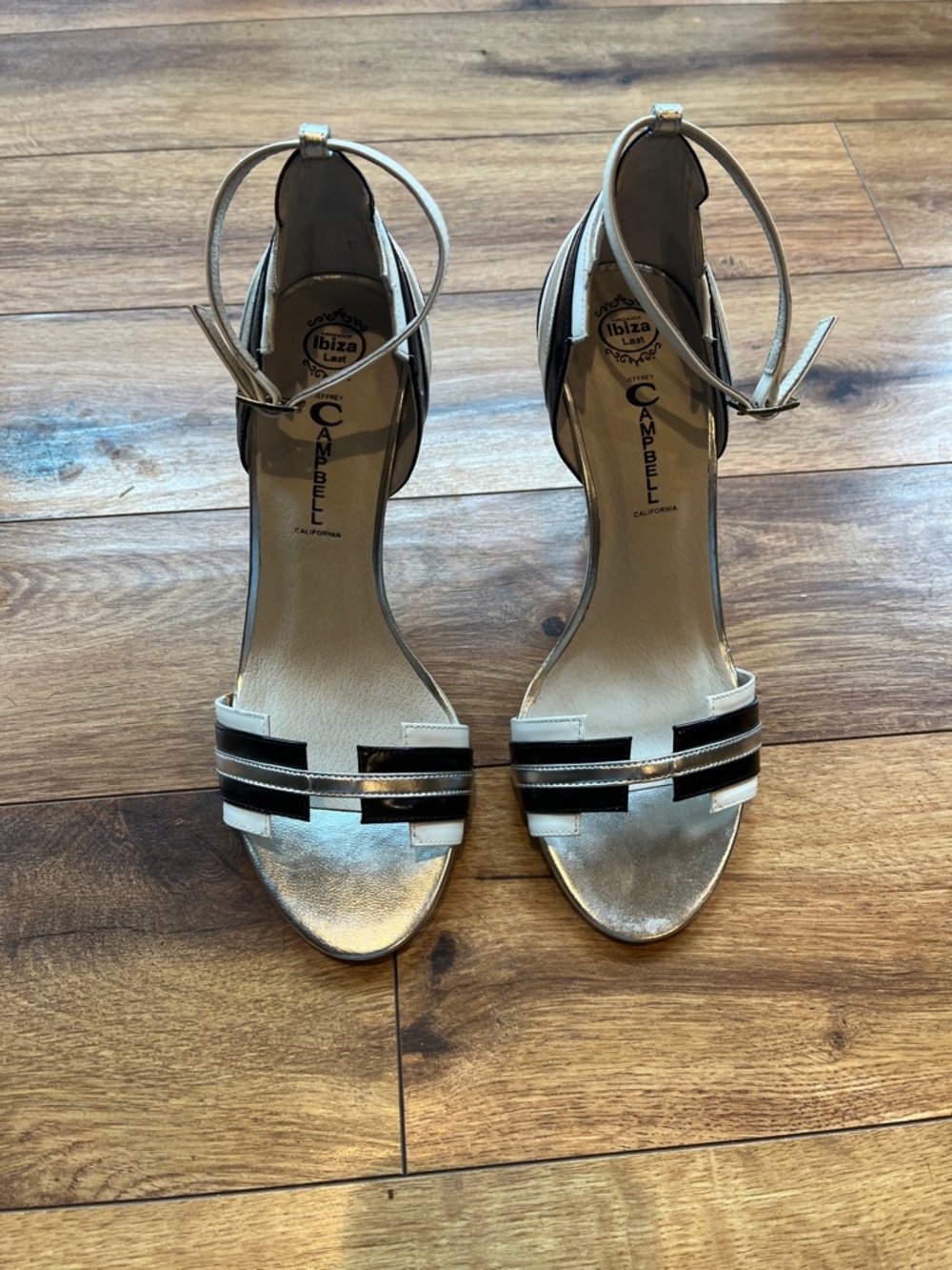 Jeffrey Campbell Silver and Black Strappy Ankle-Heel Sandals New without Tags